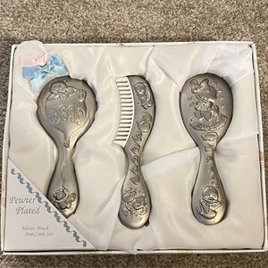 Vintage pewter baby brush, comb, and mirror. New in original box; never used